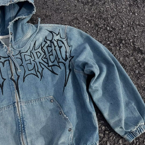 Sweat à capuche vintage personnalisé en denim, coupe ample, en coton épais délavé, avec fermeture éclair, style streetwear décontracté - Product Image 5
