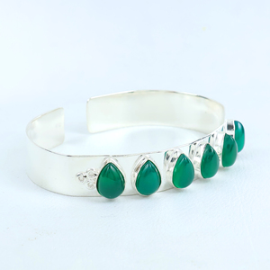 Handmade 925 Sterling Silver Plated Natural Green Onyx Gemstone Multi <b>Stone</b> Teardrop Cabochon Statement Cuff Bangle <b>Bracelet</b> - Product Image 2