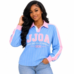 เสื้อโปโลรักบี้แขนยาวปักลาย JJOA Jack and Jill of America สำหรับผู้หญิง สีฟ้าอ่อนชมพู แบบขายส่งและสั่งทำได้ - Product Image 3