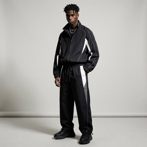 Ensemble de survêtement bleu marine pour homme avec rayures blanches, veste zippée intégrale et pantalon, style sportif respirant, idéal pour l'automne - Product Image 4