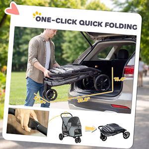 Passeggino a 3 ruote per cani di taglia media, facile da piegare con un clic, finestra in rete, cuscino lavabile, grigio - Product Image 4