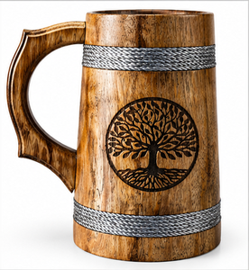 Jarra de Cerveza Hecha a Mano de Madera de Mango y Acacia, Certificada por Lfgb, Estilo Rústico de Taberna, con Cuerdas y Grabado del Árbol de la Vida - Product Image 5