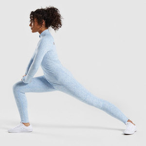 Custom Seamless Quarter Zip <b>Top</b> Women Light Blue Textured Long Sleeve Workout Shirt With <b>Thumb</b> <b>Holes</b> Custom Made By Twin City - Product Image 3