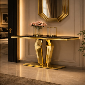 Table console moderne avec plateau en marbre foncé poli sur piétement en métal doré en forme de U, disponible à prix de gros. - Product Image 5