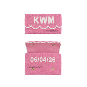 Bolso de mano de alta calidad hecho a mano con cuentas de semillas, borde festoneado, texto personalizado, cierre magnético, bolso de noche. - Product Image 3