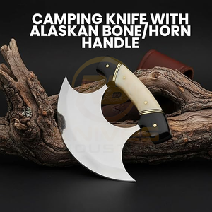 Handmade Alaskan Ulu Chef <b>Knife</b> | Damascus Steel Curved Blade with <b>Bone</b> & Horn <b>Handle</b> & Eco-Friendly Leather Sheath Ambidextrous - Product Image 2