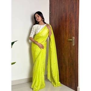 LOOK RICHE ORGANZA SOIE PERLE COUPE À LA MAIN TRAVAIL SAREE AVEC BLOUSE INCOSÉE PERROQUET VERT - Product Image 1