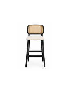 Taburete de bar moderno con respaldo de ratán y asiento tapizado de madera maciza para uso en bares domésticos o restaurantes - Product Image 1