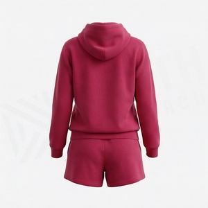 Conjunto de 2 Piezas para Mujer, Sudadera con Capucha y Pantalones Cortos de Felpa, Color Sólido, Casual, Primavera-Verano, Transpirable, Corte Regular, Por Encima de la Rodilla, con Bolsillo - Product Image 2