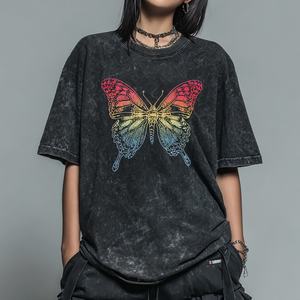 Camiseta de Verano para Mujer, Estilo Vintage, Lavada al Ácido, con Estampado de Mariposas Coloridas, de Algodón Suave, Negra, Estilo Urbano - Product Image 5