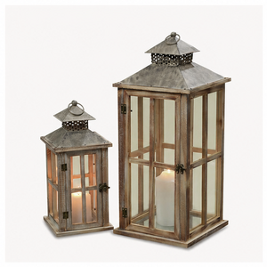 Farmhouse Wooden Decorative <b>Lantern</b> <b>Set</b> of 2 Rustic Distressed Brown Burnt Wood Floor Candle <b>Lanterns</b> with Metal Top For Indoor - Product Image 4