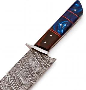 Cuchillo de Cocina Artesanal de Acero de Damasco con Resina Azul Voluteada y Mango de Madera - Product Image 6