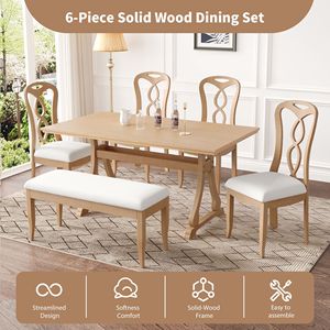 <b>Retro</b> 6-Piece Trestle <b>Dining</b> <b>Table</b> Set with Upholstered <b>Dining</b> Chairs and Bench Smooth <b>Dining</b> Backs for <b>Dining</b> Room Use - Product Image 2