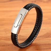 Bracelet Minimaliste en Cuir Véritable Noir avec Fermoir Magnétique pour Homme, Vente en Gros MenneM, OEM ODM