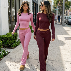 Conjunto de 2 Piezas para Mujer, Top Corto de Manga Larga y Pantalones Acampanados, Color Sólido, Ropa Casual, Tejido de Punto, Spandex, Poliéster/Spandex - Product Image 3