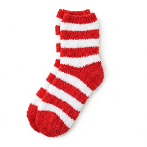 Red White Striped Crew Socks Polyester Fluffy Standard Knitted Sweat Absorbent Casual Winter Adult Cuff Logo - Product Image 1