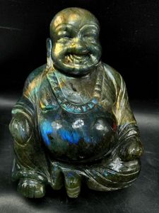 Sculpture du Bouddha rieur en pierre de labradorite – Un chef-d'œuvre sculpté à la main, symbole de joie, d'abondance et de transformation spirituelle - Product Image 4