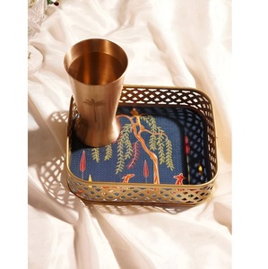 Exclusive Gold Plated Round Decorative Tray With Handles Hammered Hollywood Glam Style For <b>Coffee</b> <b>Table</b> Floral Theme - Product Image 6