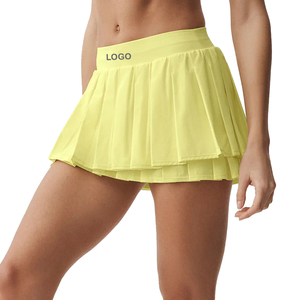 Conjunto Deportivo Personalizado de Marca Privada para Mujer, Top Corto de Manga Corta y Falda de Tenis de Cintura Alta, Color Amarillo Sol, OEM - Product Image 4