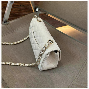 Lady White <b>Quilted</b> Genuine Leather Diamond Lattice ZIP Closure <b>Single</b> Strap Shoulder/Crossbody Handbag for Daily Travel - Product Image 1