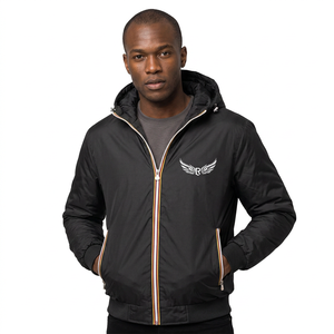 Veste à capuche noire pour homme avec logo aile, fermeture éclair, coupe-vent, style décontracté hiver, rembourrage polyester épais - Product Image 2