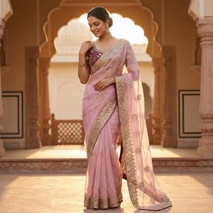 Fendy <b>Satin</b> <b>Saree</b> with Heavy Embroidery Sequins Border Premium Fully Stitched Embroidered Blouse Wedding Party Wear <b>Saree</b> - Product Image 2
