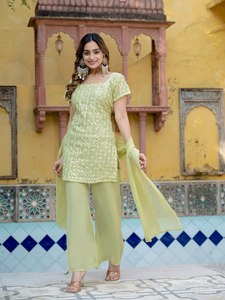 Women's Ethnic Faux Chiffon Geometric Pattern Short Sleeve <b>Square</b> Collar Kurta Bootcut Pant Dupatta <b>Set</b> Sequin Embroidery Quick - Product Image 3