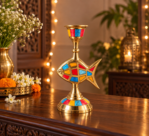 Handcrafted Brass Fish Candle Holder Colorful <b>Mosaic</b> Inlay Candlestick Decorative Table <b>Lamp</b> Festive Home Decor - Product Image 1