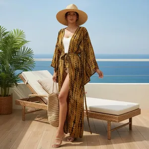 Kimono Boho Marrón Tie Dye para Playa, Sexy, Oversize, de Manga Larga, para Vacaciones - Product Image 1