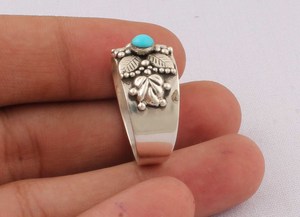 Wholesale 925 Sterling <b>Silver</b> Natural Turquoise Bezel Setting Classic Wedding Party Floral Leaf Motif Wide Band <b>Statement</b> <b>Ring</b> - Product Image 6