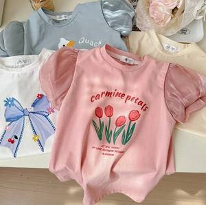 T-shirt à manches courtes et col rond pour bébés filles, haut pour enfants, couleur unie, 100% coton, vêtements d'été pour enfants, Style coréen - Product Image 4