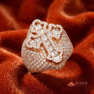 Rose Gold Plated Moissanite <b>Cross</b> <b>Ring</b> Iced Out Baguette Statement Band Hip Hop Jewelry Gift Men Miami Chicago USA - Product Image 2