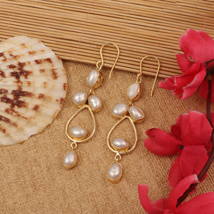 18k <b>Gold</b> Plated Pearl <b>Dangle</b> Drop <b>Earrings</b> Statement Wedding Jewelry Bridal Accessories - Product Image 3