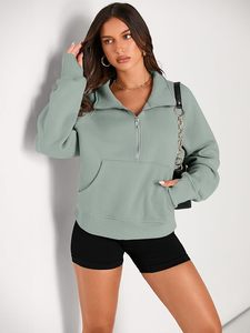 Sudadera de mujer con cremallera de un cuarto, oversize, de forro polar verde salvia, con cuello de media cremallera, bolsillo canguro y mangas largas - Product Image 6