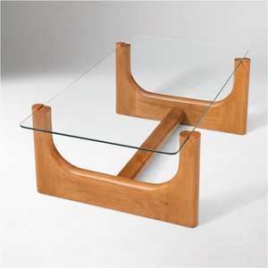 Mesa de Centro Moderna de Mediados de Siglo con Base de Madera Entrelazada y Cubierta de Vidrio Transparente para Hogar u Hotel - Product Image 4