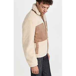 <b>Men's</b> Cream Color Block <b>Sherpa</b> <b>Jacket</b> Stand Collar Zipper Closure With <b>Sherpa</b> Lining Windproof Winter Casual Outerwear OEM - Product Image 4