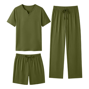 Conjunto de camiseta y pantalones cortos casuales de verano para hombre, cuello en V, color sólido, tejido de algodón y spandex, transpirable. - Product Image 4