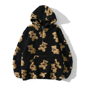 Women's Oversized Hooded Fleece Sweatshirt Cartoon <b>Bear</b> Print Full Sleeve Winter Warm Pullover Zipper Front Design - Product Image 3