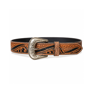 Ceinture en cuir grainé de haute qualité avec boucle à ardillon florale western de 1,5 pouce, pour hommes et femmes, style vintage noir, marron, argent antique, pour cow-boy - Product Image 1