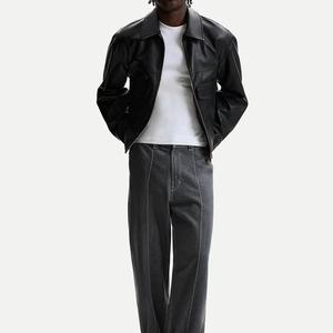 Men's Black <b>Leather</b> <b>Jacket</b> Turn-down Collar Zipper Closure Casual Style Regular Length Solid Color - Product Image 4