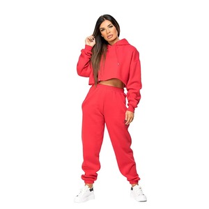 Conjunto Deportivo de Sudadera Corta Roja para Mujer, Manga Larga, Color Sólido, Corte Holgado Informal, con Bolsillos Laterales, Cintura Elástica, Ropa de Otoño - Product Image 1