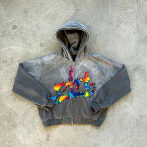 Sudadera con Capucha para Hombre, Diseño Personalizado OEM, de Alta Calidad, Invernal, Ecológica, Estilo Vintage, Lavado Ácido, Estampado Urbano, Decorada con Pedrería - Product Image 1