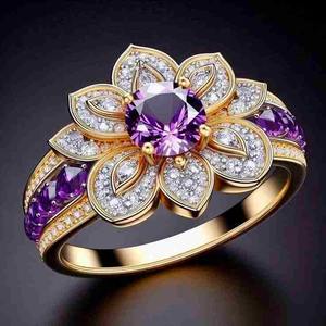 22K Solid Gold Classic Amethyst Lotus Flower <b>Ring</b> for Women Genuine Purple Gemstone Sunflower Diamond <b>Statement</b> Fine Jewelry - Product Image 2