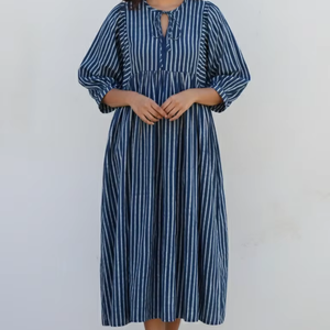Vestido Midi de Algodón a Rayas con Botones para Mujer, Mangas Abullonadas, Corte Entallado, Colección Boutique Étnica Casual de Verano, Ecológico - Product Image 1