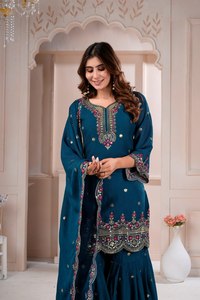 Conjunto Sharara Azul Bordado Tradicional Indio-Pakistaní, Salwar Kameez de Seda con Dupatta para Bodas y Fiestas, Largo hasta la Rodilla para Mujer - Product Image 4