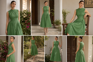 Vestido Midi Verde de Algodón Tejido, Sin Mangas, con Botones, Estilo Simple, Sólido, Moderno, Bohemio, Plisado, con Cuello Mandarín Retro - Product Image 4