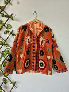 Fabulous Boho Indian Soft Rust <b>Velvet</b> Suzani Embroidered Short Duster Jacket Bomber Boho & Hippie <b>Coat</b> Winter Warm Outerwear - Product Image 2