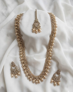 Lucentarts Jewellery Antique Gold Plated Zircon <b>Beaded</b> Long Necklace Earring <b>Set</b> MaangTikka Traditional Indian Wedding Party - Product Image 2