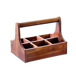 Boîte de rangement rectangulaire en bois à 3 compartiments avec poignées métalliques, façade décorative rustique sculptée pour articles divers de salon - Product Image 6