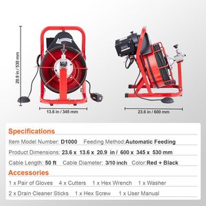 Déboucheur électrique automatique pour égouts, 15 m x 3/10 po, avec 4 lames, action pneumatique, machine de nettoyage de canalisations 3/10 po - Product Image 5